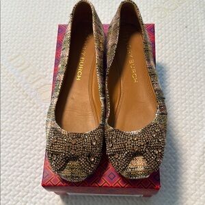 Tory Burch Gold and Brown Flats with Ornate Bow